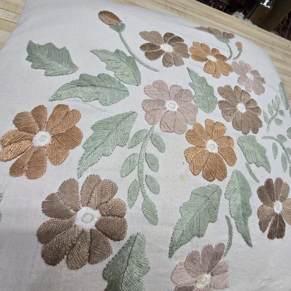 Vintage Embroidered Floral Pillow 15.5